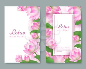 Wedding card with pink lotus. Water flower blossom greeting card. Healing garden lotuses floral background. Banner and card, poster with floral flower blossom. Vector illustration