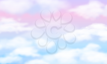 Fantasy sky. White clouds on magic rainbow background. Fairy cute unicorn cloudy vector wallpaper. Illustration of weather cloud fantasy, pattern dream background