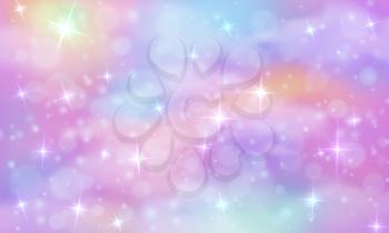 Unicorn fantasy background. Rainbow sky with glittering stars. Abstract galaxy, mermaid princess marble vector magic texture. Universe cosmic holographic pattern illustration