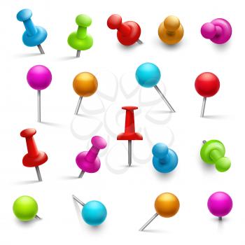Thumbtack. 3d multicolored push pins for notice paper. Pushpins isolated vector set. Fix pins and attach accessory for board illustration