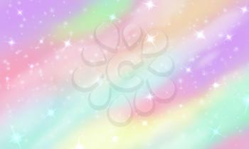 Rainbow unicorn background. Mermaid glittering galaxy in pastel colors with stars bokeh. Magic pink holographic vector backdrop. Illustration of magic pattern, rainbow universe, cosmic unicorn