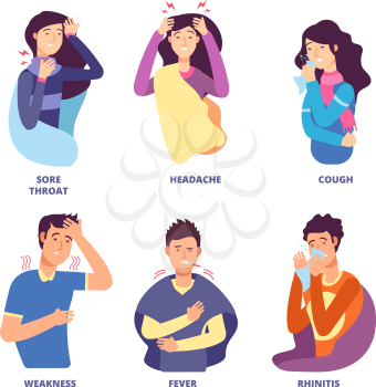 Flu symptoms. People demonstrating cold sickness. Fever cough, snot chills, dizziness. Vector characters for flu prevention poster. Fever and cold, flu and dizzy illustration