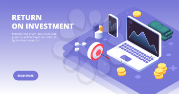 Investment banner. Investing capital, benefits and profit with laptop, smartphone and money symbols. Success investor vector concept. Laptop and profit graph, business finance roi illustration
