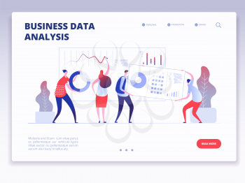Landing page. People with dashboard and data charts infographic. Business analysis and statistics agency vector concept. Illustration of business data analytics, analysis chart and management