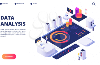 Data analysis concept. Business team build digital infographic with dashboard, charts and diagrams. Landing page vector design. Illustration of data analysis, chart and infographic
