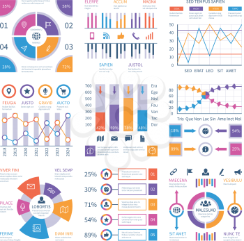 Infographics elements. Flow infograph, process chart timeline, step diagram organization graphic. Presentation infographic vector set. Illustration of chart and diagram info, business graph