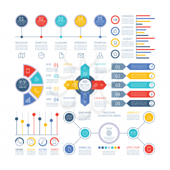 Infographics diagrams. Infochart elements, marketing chart and graphs, bar diagram. Option planning graph, strategy timeline vector set. Chart diagram and infographic connection illustration