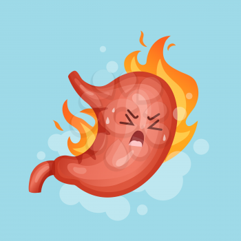Stomach heartburn. Gastritis and acid reflux, indigestion and stomach pain problems vector concept. Illustration of heartburn digestive, gastric and esophagus, problem with stomach