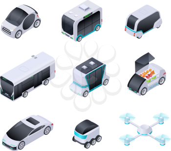 Driverless cars. Future smart vehicles. Unmanned city transport, autonomous truck and drone. Isometric vector isolated icons. Illustration of automobile intelligent, smart auto and transport vehicle