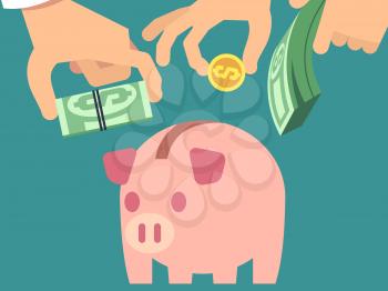 Saving money flat vector concept illustration style. Hand hold banknote cash and put in piggybank