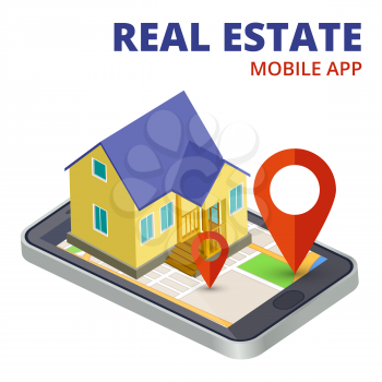 Isometric real estate mobile app with phone and 3d house vector. Illustration of real estate mobile app