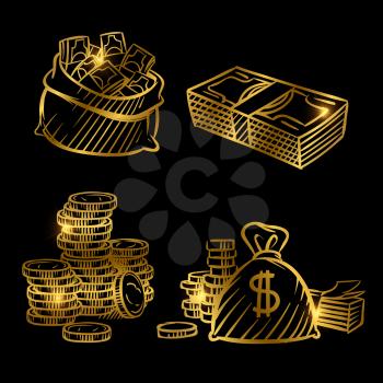 Sketch of money. Golden vector coins and money isolated on black background. Illustration of money golden sketch, gold cash coin