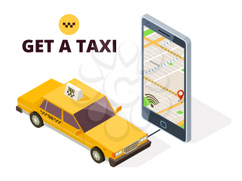 Isometric mobile taxi and gps city map. Navigation system for taxi and life with 3D smartphone and taxi car. City app taxi isometric, application location illustration