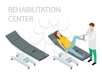 Physiotherapist and rehabilitation patient. Empty couch and couch with a patient isometric vector. Physiotherapist rehabilitation, patient physiotherapy illustration
