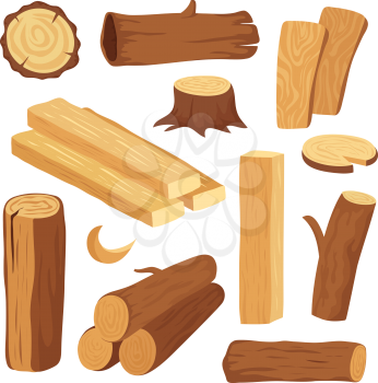 Cartoon timber. Wood log and trunk, stump and plank. Wooden firewood logs. Hardwoods construction materials vector isolated set. Illustration of firewood and timber natural