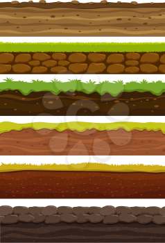 Cartoon seamless grounds. Wide landscape ground. Land and soil for ui game vector collection. Illustration of ground soil, seamless horizontal interface