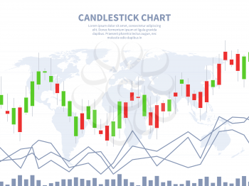 Stock market concept. Candle stick chart world map. Global financial marketing, exchange investment abstract forex vector concept. Profit data graph stock, finance chart candlestick illustration
