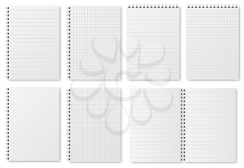 Notebook paper sheets. Sketchbook blank pages with variety of lines and dots. Notepad vector isolated mockup. Illustration of notebook and notepad, note sheet document