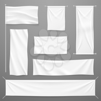 White textile advertising banners. Blank fabric cloths hanging on rope. Folded empty cotton stretched canvas. Vector mockup. Illustration of banner textile for advertising, realistic horizontal sheet