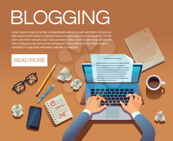 Blogging concept. Writing story book and blog articles. Writer journalist copywriter type on laptop vector illustration. Blogging laptop, journalist blog on workplace