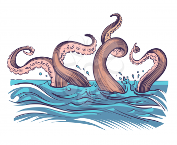 Octopus tentacle in sea. Underwater ocean invertebrate monster. Cartoon japanese squid cuttlefish vector illustration. Octopus underwater, squid invertebrate monster