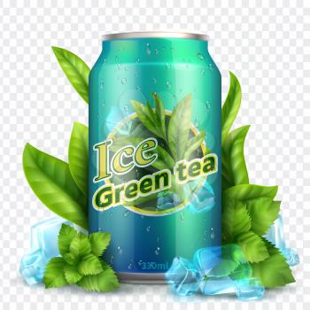 Ice tea background. Realistic can with tea leaves and ice. Product promotion vector mockup. Illustration of green tea drink freshness