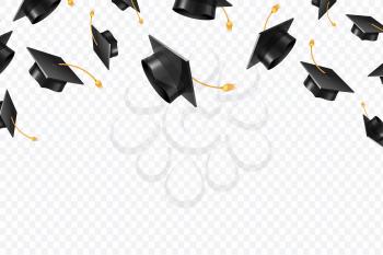 Graduate caps flying. Black academic hats in air. Education isolated vector concept. Finish college education, graduation school illustration