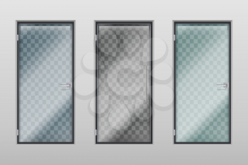 Glass office doors. Modern interior transparent door with handle and lock. Vector set of entrance door shop or boutique, closed shopfront illustration