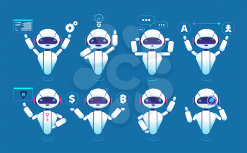 Chatbot character. Cute robot online chat robot in different poses. Chatterbot vector isolated set. Virtual robot and chatterbot, chatbot online service illustration