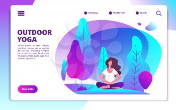 Yoga landing page. Woman doing fitness workout. Healthy life and meditation in forest. Web flat design template. Illustration of woman meditation yoga concentration, banner web page