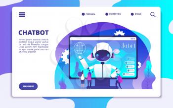 Chatbot landing page. Ai robot chatting with woman and man. Artificial intelligence presentation vector concept. Illustration of page support with chatbot, chatterbot chatting, robot helpline