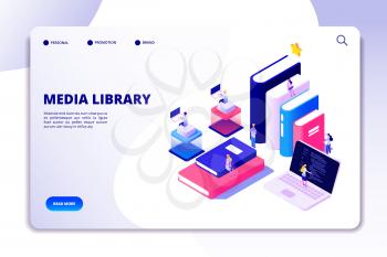 Online library landing page. Students in bibliotheque, academic books. Ebook reading technology education vector isometric concept. Media education library isometric illustration