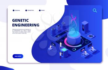 DNA isometric concept. Genetic engineering lab with people scientists. Doctors researching cells. DNA gene therapy vector landing page. Genetic dna lab, medicine biology illustration