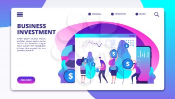 Investments landing page. Investment fund managers make profit for clients. Cash revenue consolidation business vector concept. Illustration of investment web page, stock market investing