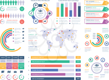 Infographic template. Financial investment graphs, column chart organization flowchart. Presentation infographics vector element. Illustration of infographic web with world map