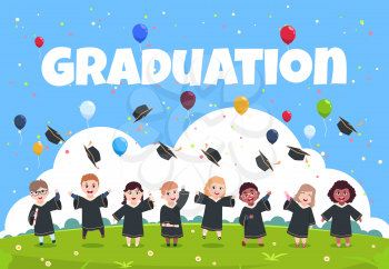 Graduate kids background. Children wearing in academic clothes celebrating graduation day vector illustration. Education and graduation, academic ceremony