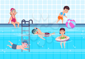 Kids in swimming pool. Boys and girls in swimwear play and swim in water. Happy childhood vector summer concept. Childhood summer and sport swimming, vacation swim illustration