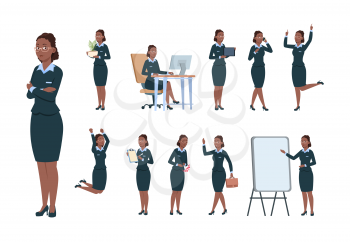 Business woman character. Afro-american office professional worker female in different poses of activity. Cartoon secretary vector set. Illustration of woman professional, businesswoman jump