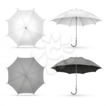 White and black realistic umbrellas isolated on white background. Illustration of umbrella protection, realistic accessory for safety water