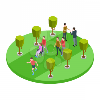 Volunteers and disabled people walk and talk isometric vector concept illustration
