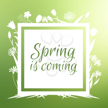 Spring is coming banner vector design with flowers sihouettes illustration isolated on green