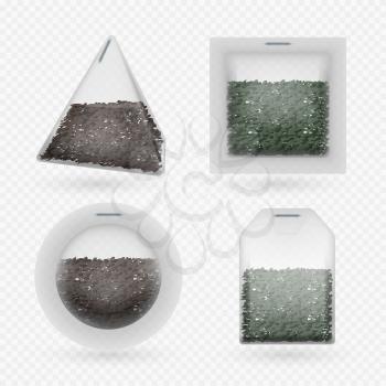 Vector tea bags with black and green brewing tea isolated on transparent background. Set of teabag form for teatime, organic refreshment beverage illustration