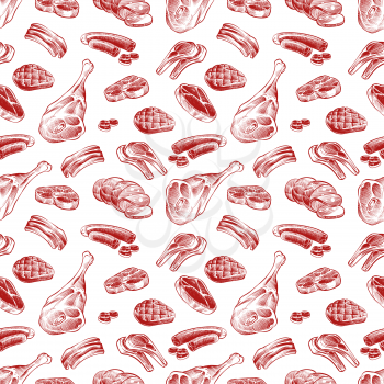 Hand drawn meat, steak, beef and pork, lamb grill meat and sausage seamless pattern. Vector illustration