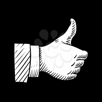 Hand drawn thumbs up vector element isolated on black. Illustration of hand finger thumb up, social yes approve
