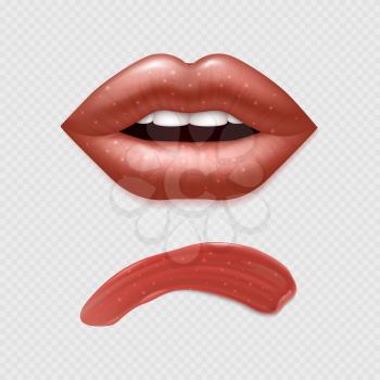 Vector realistic female lips and shine lipstick template. Illustration of beauty and fashion