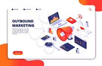 Outbound marketing. Seo pr roi crm online communication. Social media promotion landing vector webpage. Illustration of marketing optimization outbound
