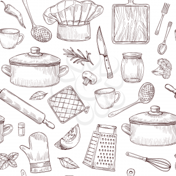 Kitchen tools seamless pattern. Sketch cooking utensils hand drawn kitchenware. Engraved kitchen elements vector background. Kitchenware equipment, cookware accessory, saucepan and spoon illustration