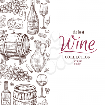 Hand drawn wine background. Wine bottles wineglass cask and grape border. Winery, restaurant vector menu template. Illustration of wine menu, bottle and cask