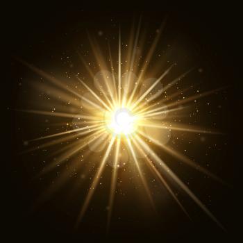 Gold star burst. Golden light explosion isolated on dark background vector illustration. Effect star and sparkle, flash and shine golden
