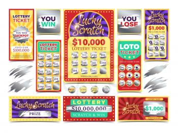 Winning scratching lottery vector tickets. Win ticket lottery, game prize card illustration